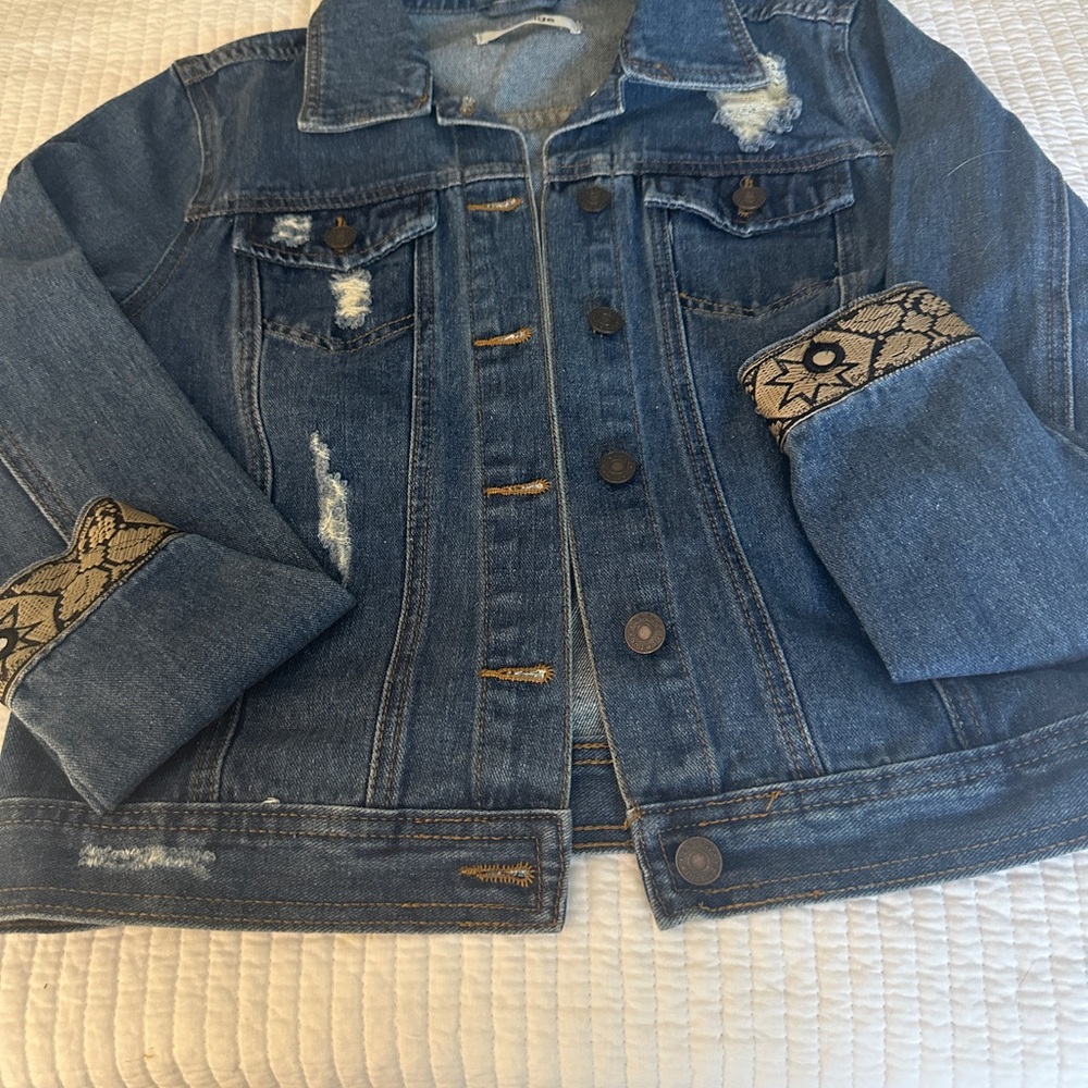 Refuge Blue Denim Jacket custom design steam punk art .. see photos of back